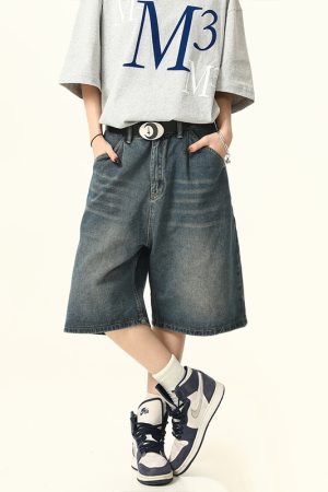 Unisex Wide-Leg Denim Shorts in Washed Blue - American Street Style Loose-Fit Summer Five-Point Pants for Casual Wear