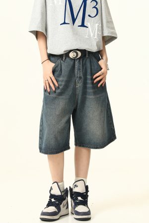 Unisex Wide-Leg Denim Shorts in Washed Blue - American Street Style Loose-Fit Summer Five-Point Pants for Casual Wear