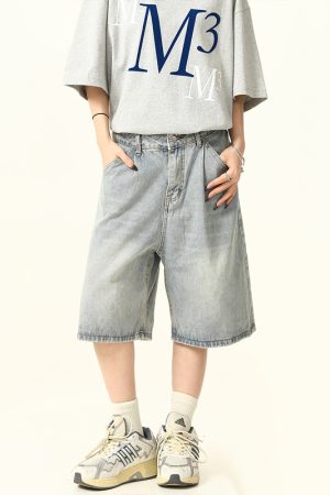 Unisex Wide-Leg Denim Shorts in Washed Blue - American Street Style Loose-Fit Summer Five-Point Pants for Casual Wear