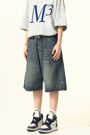 Unisex Wide-Leg Denim Shorts in Washed Blue - American Street Style Loose-Fit Summer Five-Point Pants for Casual Wear