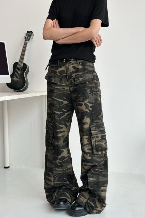 Unisex Wide-Leg Multi-Pocket Camouflage Work Pants - Retro Deconstructed American Style Casual Trousers