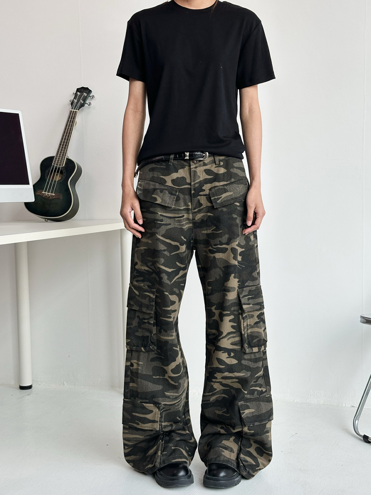 Unisex Wide-Leg Multi-Pocket Camouflage Work Pants - Retro Deconstructed American Style Casual Trousers Unisex Wide-Leg Multi-Pocket Camouflage Work Pants - Retro Deconstructed American Style Casual Trousers
