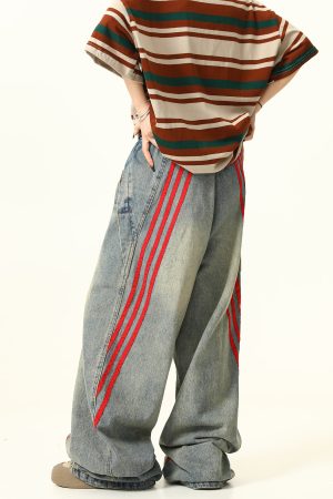 Unisex Wide-Leg Striped Denim Pants - Retro American Style Loose Trousers for Trendy Streetwear