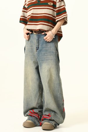 Unisex Wide-Leg Striped Denim Pants - Retro American Style Loose Trousers for Trendy Streetwear