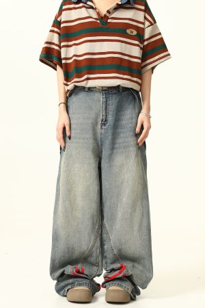 Unisex Wide-Leg Striped Denim Pants - Retro American Style Loose Trousers for Trendy Streetwear