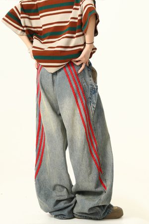 Unisex Wide-Leg Striped Denim Pants - Retro American Style Loose Trousers for Trendy Streetwear