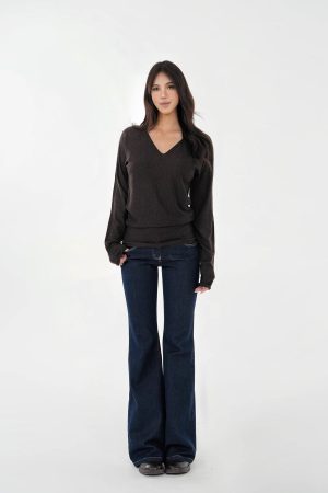 V-Neck Batwing Sleeve Knitted Wool Top - Cozy, Chic, Perfect for Layering, Fall Fashion Essential