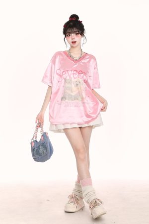 V-Neck Cartoon Print Short Sleeve T-Shirt for Women - Summer Loose Fit American Style, Trendy Niche Design