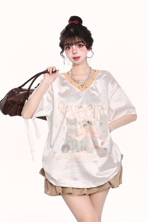 V-Neck Cartoon Print Short Sleeve T-Shirt for Women - Summer Loose Fit American Style, Trendy Niche Design