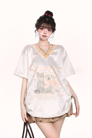 V-Neck Cartoon Print Short Sleeve T-Shirt for Women - Summer Loose Fit American Style, Trendy Niche Design