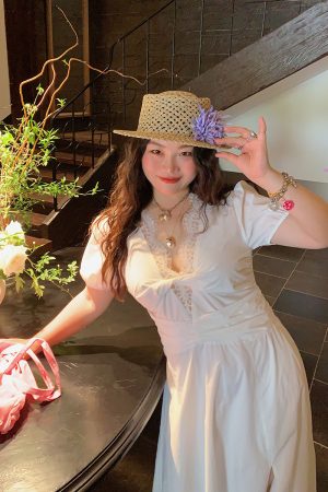 V-neck Lace Spliced Slit Dress for Women - Summer 2025 Unique Waist-Cinching Design, Trendy and Stylish