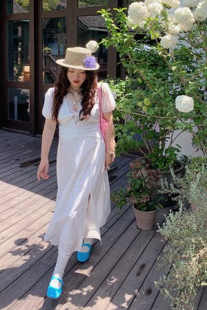 V-neck Lace Spliced Slit Dress for Women - Summer 2025 Unique Waist-Cinching Design, Trendy and Stylish