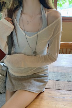 V-Neck Overlay Halter Long Sleeve Tank Top for Women - Summer Relaxed Fit, Slim Fit, Sun Protection - Perfect for Y2K Style