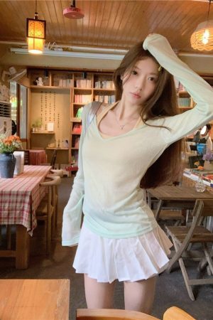 V-Neck Overlay Halter Long Sleeve Tank Top for Women - Summer Relaxed Fit, Slim Fit, Sun Protection - Perfect for Y2K Style