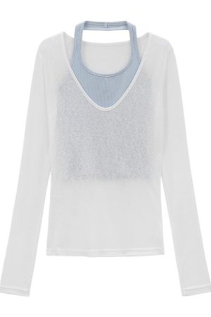 V-Neck Overlay Halter Long Sleeve Tank Top for Women - Summer Relaxed Fit, Slim Fit, Sun Protection - Perfect for Y2K Style