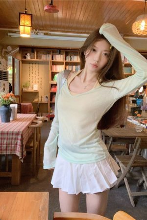 V-Neck Overlay Halter Long Sleeve Tank Top for Women - Summer Relaxed Fit, Slim Fit, Sun Protection - Perfect for Y2K Style