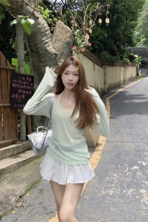 V-Neck Overlay Halter Long Sleeve Tank Top for Women - Summer Relaxed Fit, Slim Fit, Sun Protection - Perfect for Y2K Style