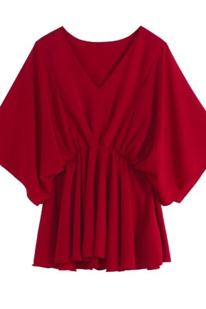 V-Neck Ruffled Batwing Sleeve Chiffon Pullover Shirt - Spring/Summer Mid-Sleeve Waist-Cinching A-Line Top in Red for Effortless Style