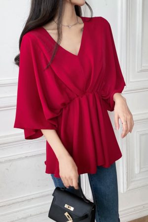 V-Neck Ruffled Batwing Sleeve Chiffon Pullover Shirt - Spring/Summer Mid-Sleeve Waist-Cinching A-Line Top in Red for Effortless Style