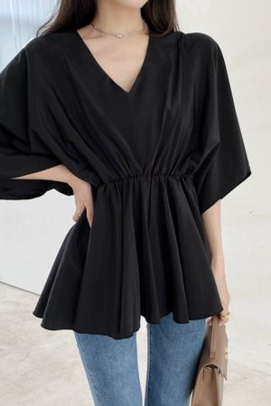 V-Neck Ruffled Batwing Sleeve Chiffon Pullover Shirt - Spring/Summer Mid-Sleeve Waist-Cinching A-Line Top in Red for Effortless Style