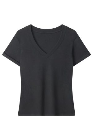 V-Neck Short Sleeve T-Shirt for Women - Solid Color Gray Minimalist Casual Top, Trendy Lazy Style Fashion Essential