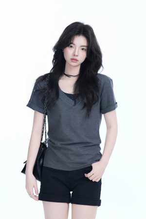 V-Neck Short Sleeve T-Shirt for Women - Solid Color Gray Minimalist Casual Top, Trendy Lazy Style Fashion Essential