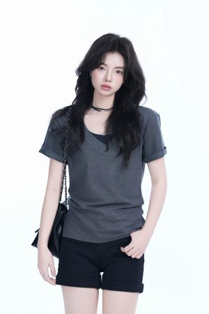 V-Neck Short Sleeve T-Shirt for Women - Solid Color Gray Minimalist Casual Top, Trendy Lazy Style Fashion Essential