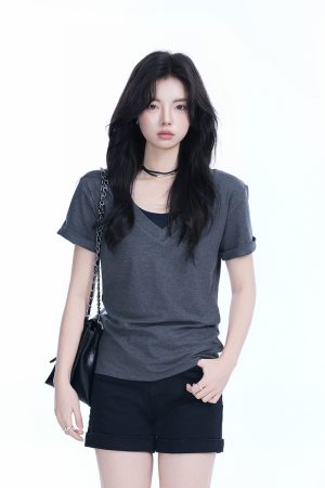 V-Neck Short Sleeve T-Shirt for Women - Solid Color Gray Minimalist Casual Top, Trendy Lazy Style Fashion Essential