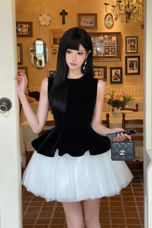 Velvet Spliced Ballet Skirt and Mesh Sleeveless Vest Dress - Princess Style Puff Skirt, Y2K Fashion, 90s Inspired