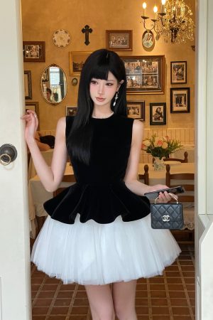 Velvet Spliced Ballet Skirt and Mesh Sleeveless Vest Dress - Princess Style Puff Skirt, Y2K Fashion, 90s Inspired