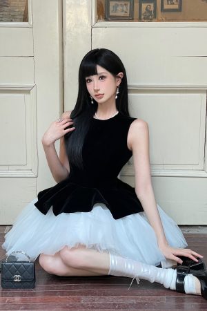 Velvet Spliced Ballet Skirt and Mesh Sleeveless Vest Dress - Princess Style Puff Skirt, Y2K Fashion, 90s Inspired