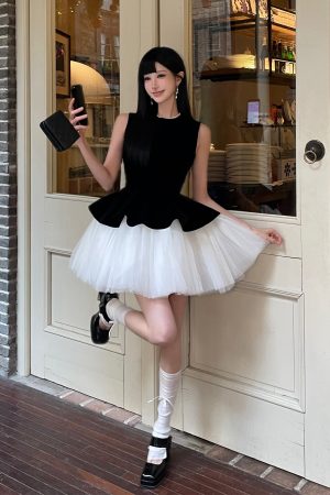 Velvet Spliced Ballet Skirt and Mesh Sleeveless Vest Dress - Princess Style Puff Skirt, Y2K Fashion, 90s Inspired