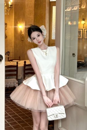 Velvet Spliced Ballet Skirt and Mesh Sleeveless Vest Dress - Princess Style Puff Skirt, Y2K Fashion, 90s Inspired