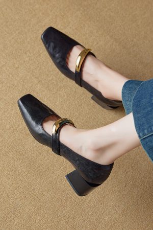 Versatile Italian One-Strap Mary Jane Shoes for Women â€“ Genuine Leather, Square Toe, High Heels, Trendy Fashion Footwear