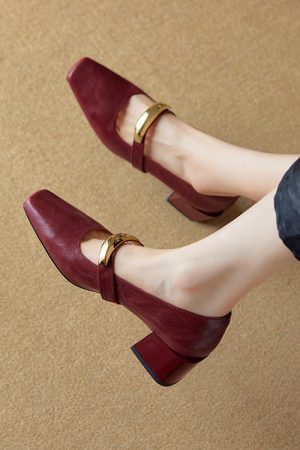 Versatile Italian One-Strap Mary Jane Shoes for Women â€“ Genuine Leather, Square Toe, High Heels, Trendy Fashion Footwear