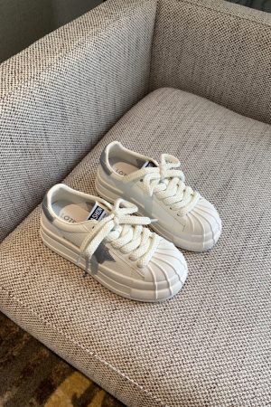 Versatile Lace-Up Thick-Soled White Sneakers for Women - Starry Casual Sports Shoes - 2025 Spring Style