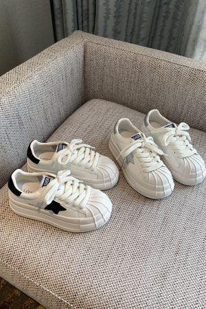 Versatile Lace-Up Thick-Soled White Sneakers for Women - Starry Casual Sports Shoes - 2025 Spring Style