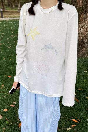 Versatile Long-Sleeve Dolphin Cartoon Print Sun Protection Cover-Up - Slightly Sheer Snowflake Cotton, Casual Korean Style for Women