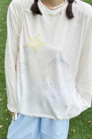 Versatile Long-Sleeve Dolphin Cartoon Print Sun Protection Cover-Up - Slightly Sheer Snowflake Cotton, Casual Korean Style for Women