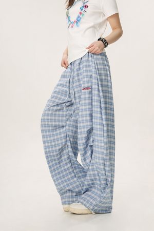 Versatile Plaid Pleated Wide-Leg Pants for Men and Women - Casual Straight Loose Draped Style, Perfect for 90s and Y2K Fashion