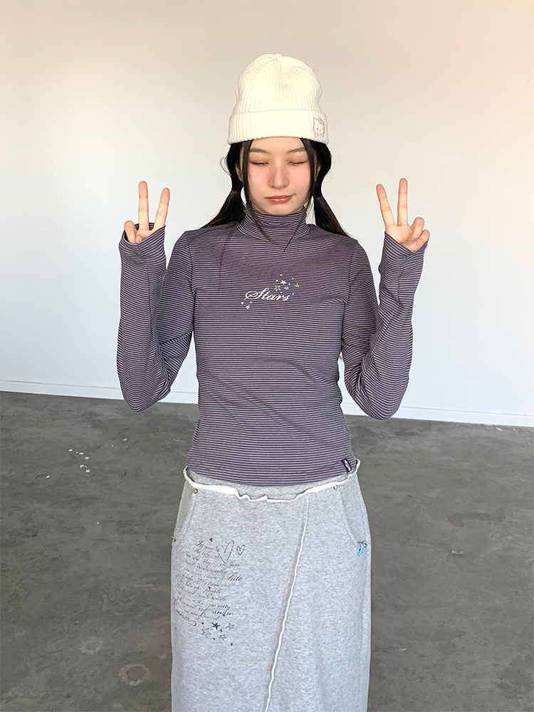 Versatile Striped High Neck Long Sleeve T-Shirt for Women - Autumn Winter Fashion Essential, Cozy Layering Top Versatile Striped High Neck Long Sleeve T-Shirt for Women - Autumn Winter Fashion Essential, Cozy Layering Top