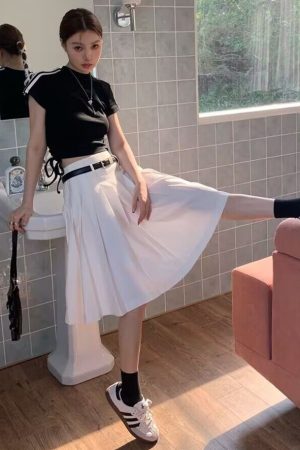 Versatile White High-Waisted Pleated A-Line Skirt for Women - Plus Size Mid-Length JK Style Over-the-Knee Half Skirt