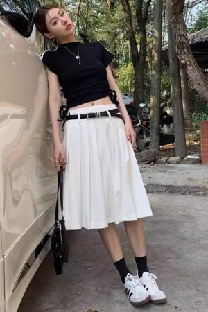 Versatile White High-Waisted Pleated A-Line Skirt for Women - Plus Size Mid-Length JK Style Over-the-Knee Half Skirt