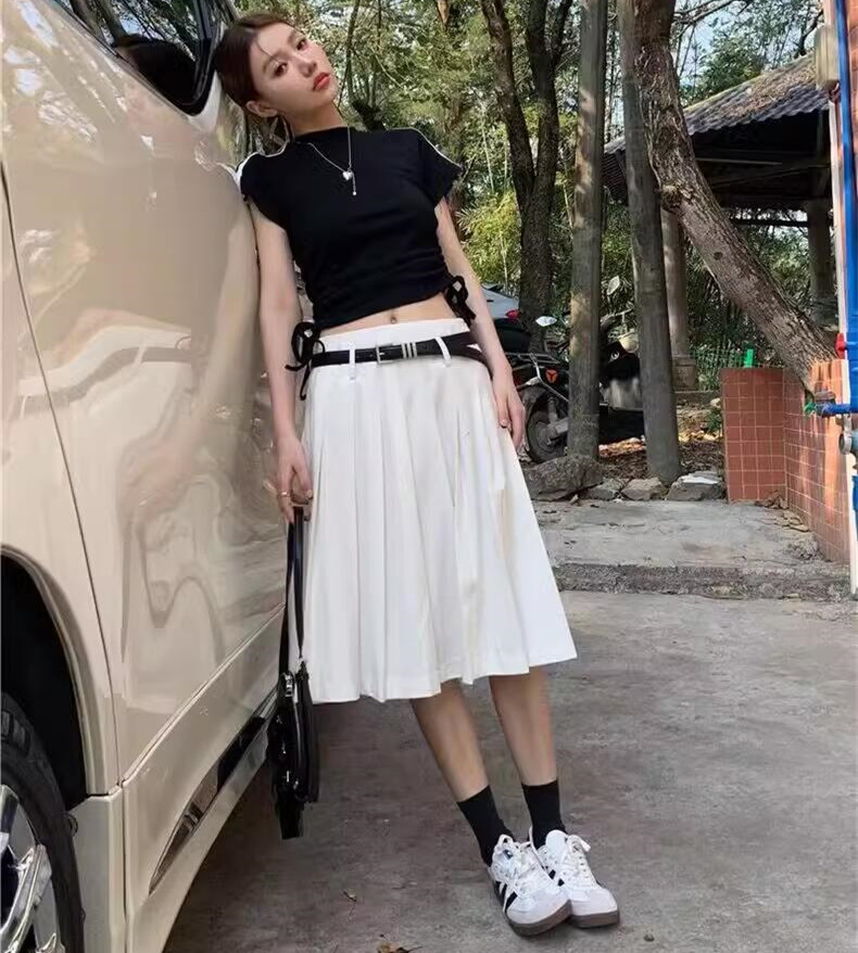 Versatile White High-Waisted Pleated A-Line Skirt for Women - Plus Size Mid-Length JK Style Over-the-Knee Half Skirt Versatile White High-Waisted Pleated A-Line Skirt for Women - Plus Size Mid-Length JK Style Over-the-Knee Half Skirt