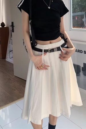 Versatile White High-Waisted Pleated A-Line Skirt for Women - Plus Size Mid-Length JK Style Over-the-Knee Half Skirt