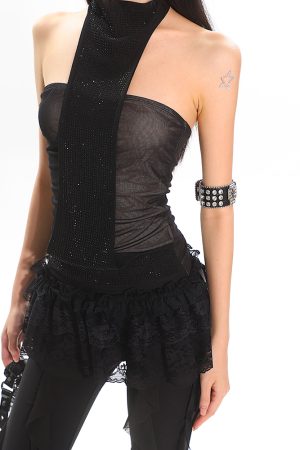 Vietnam-Style Rhinestone-Embellished Halter Top for Women - Summer Fake Two-Piece, Slimming Mesh Design