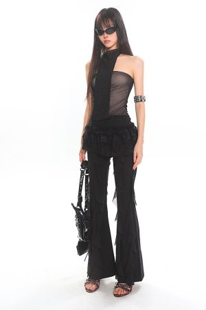 Vietnam-Style Rhinestone-Embellished Halter Top for Women - Summer Fake Two-Piece, Slimming Mesh Design