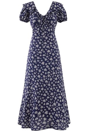 Vintage 2025 Summer V-Neck Floral Dress for Women - Blue Vacation Style, Age-Reducing Look, Perfect for 90s and Y2K Fashion
