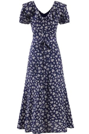 Vintage 2025 Summer V-Neck Floral Dress for Women - Blue Vacation Style, Age-Reducing Look, Perfect for 90s and Y2K Fashion