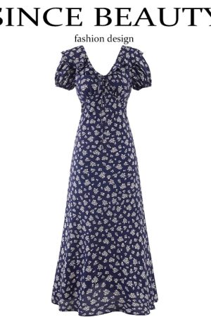 Vintage 2025 Summer V-Neck Floral Dress for Women - Blue Vacation Style, Age-Reducing Look, Perfect for 90s and Y2K Fashion